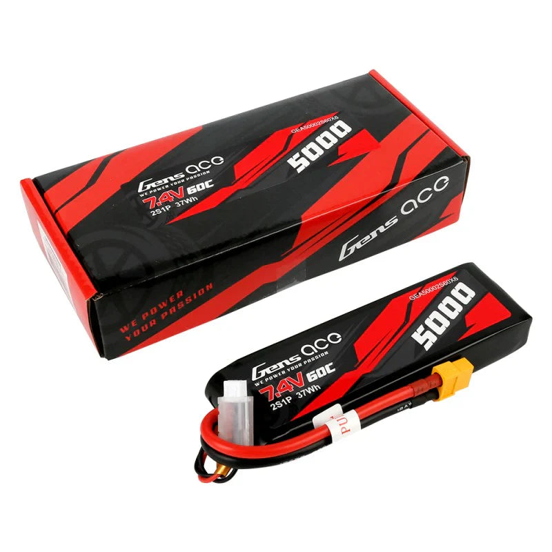 Gens Ace 5000mAh 7.4V 60C 2S1P Lipo PC-Materialgehäuse mit XT60-Stecker - LiPo24.de