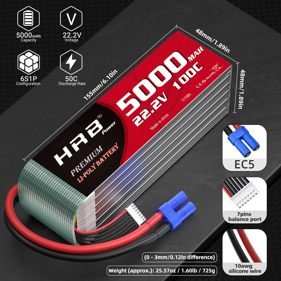 HRB Premium Line 6S 5000mAh 22.2V 100C EC5 LiPo Akku