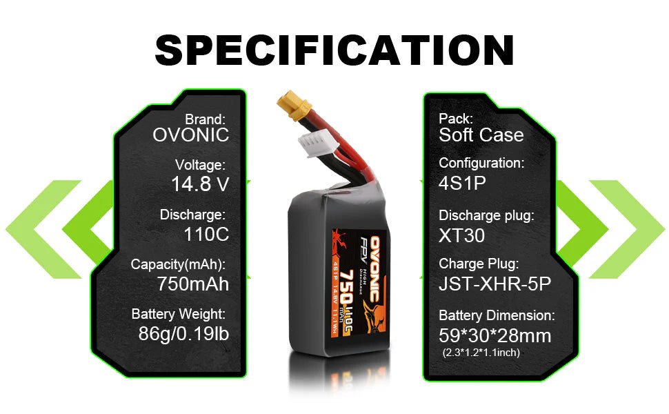 Ovonic FPV 4S Lipo Akku 750mAh 110C 14,8V mit XT30-Stecker (2 Stück)