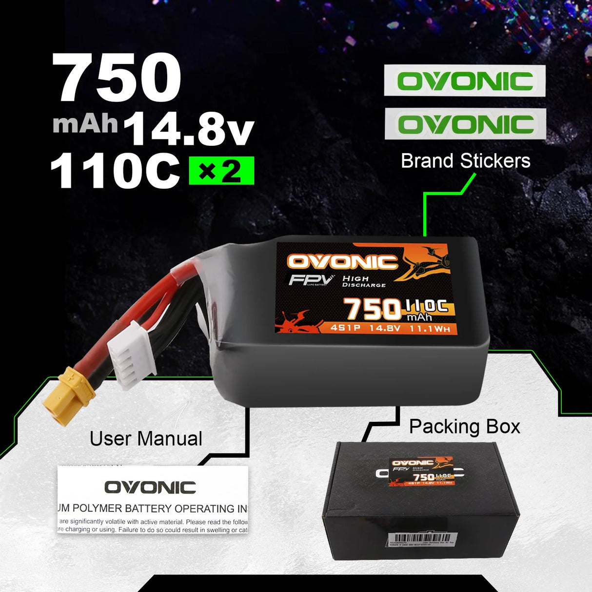 Ovonic FPV 4S Lipo Akku 750mAh 110C 14,8V mit XT30-Stecker (2 Stück)