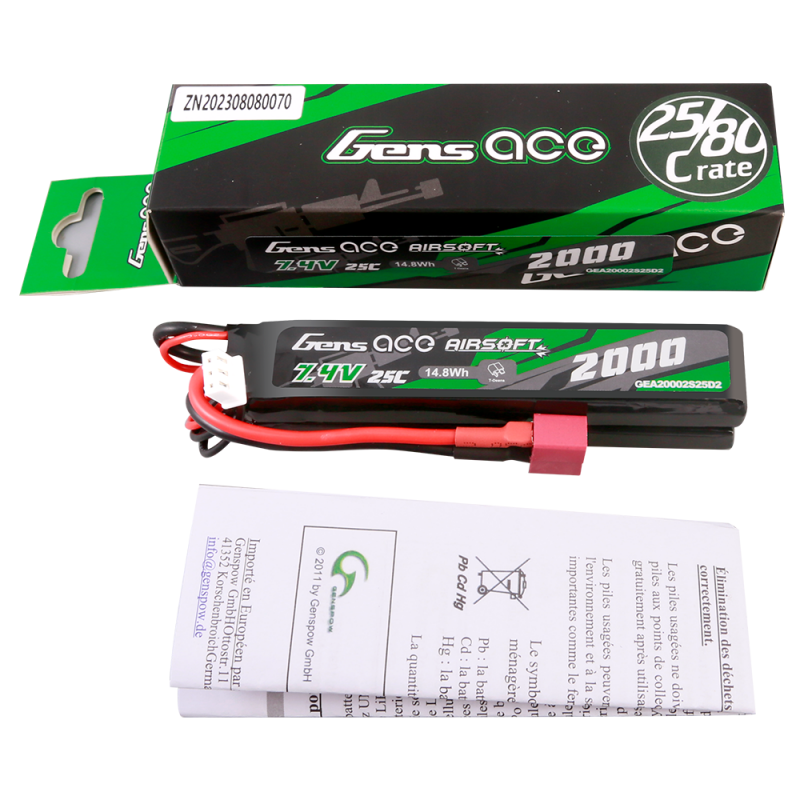 Gens Ace 2S 2000mAh 2S2P 7,4V 25C Airsoft Mini-Deans