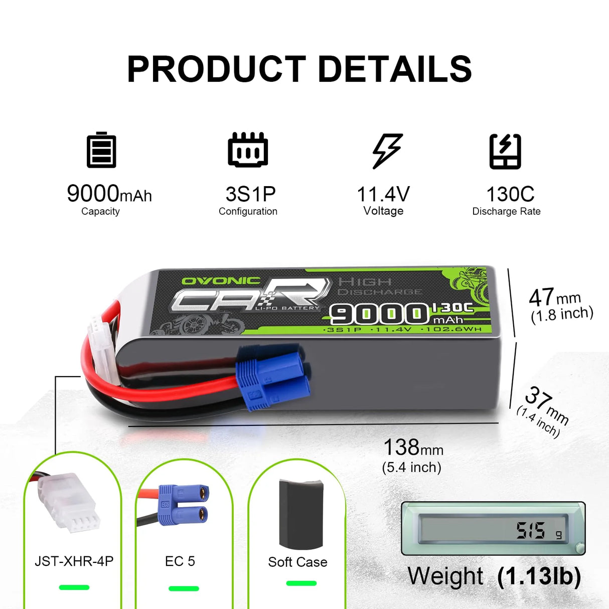 Ovonic Car 3S LiPo Akku 9000mAh 11,4V 130C RC-Akku mit EC5-Stecker (2 Stück)