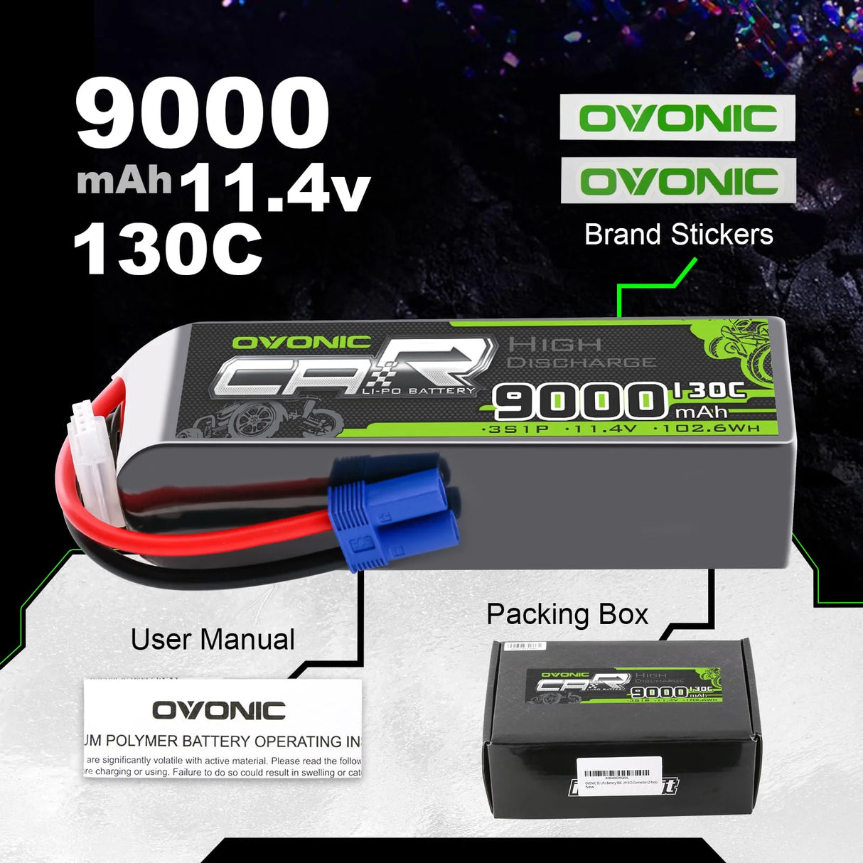 Ovonic Car 3S LiPo Akku 9000mAh 11,4V 130C RC-Akku mit EC5-Stecker (2 Stück)