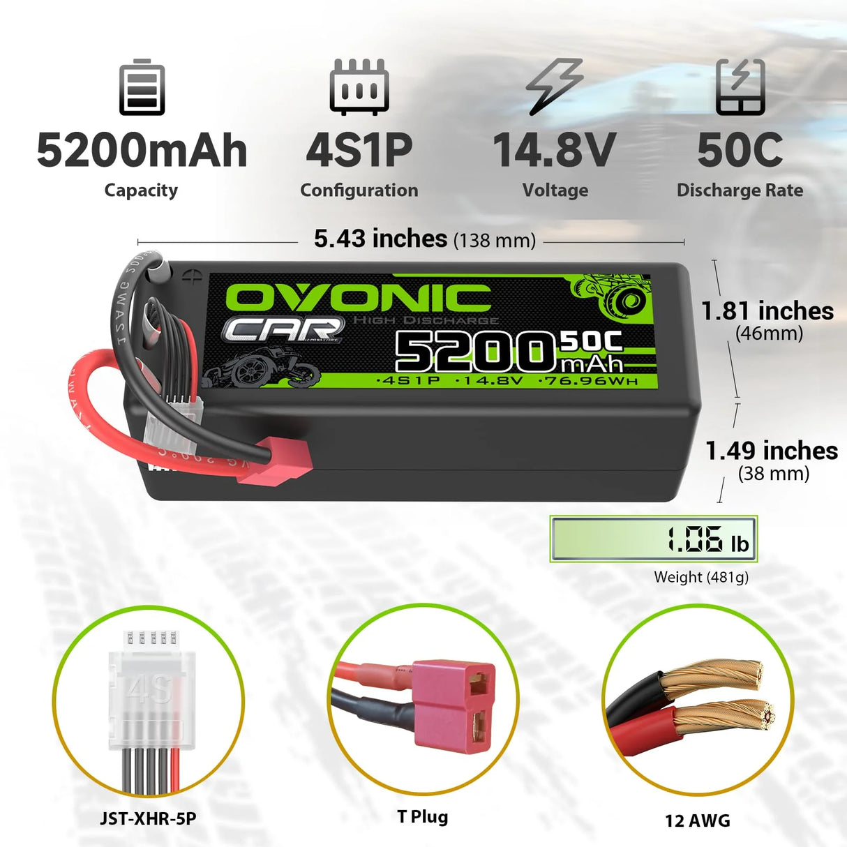 Ovonic Car 4S LiPo Akku 5200mAh 50C 14,8V Hardcase Lipo Akku mit T-Stecker