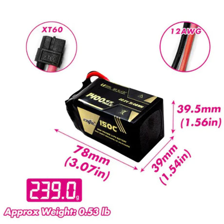 CNHL Ultra Black 6S 1400mAh 22,2V 150C Lipo-Akku XT60-Stecker