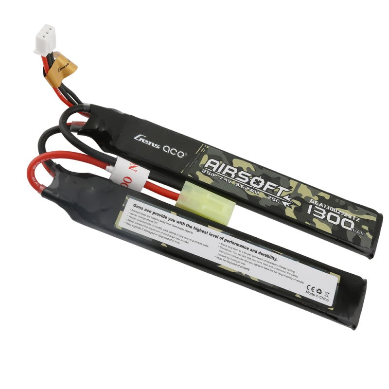 Gens Ace 25C 1300mAh 2S1P 7.4V Sattel Airsoft Gun Lipo Akku mit Mini Tamiya Stecker - LiPo24.de