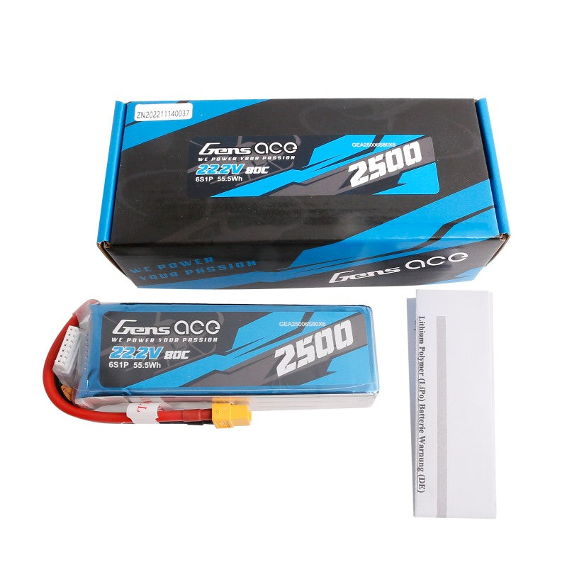 Gens Ace 2500mAh 22,2V 80C 6S1P Lipo Akkupack mit XT60 Stecker - LiPo24.de