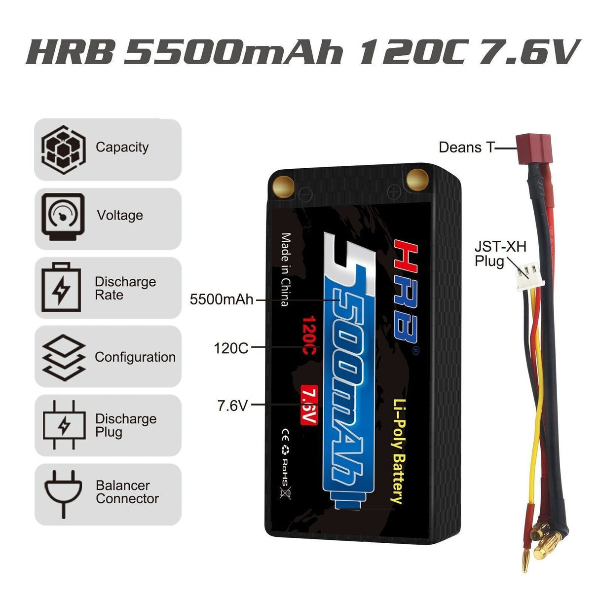 HRB 2S 5500mAh 7,6V 120C  DEAN Hardcase - LiPo24.de