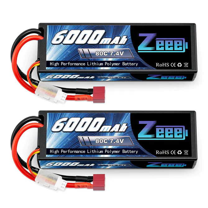 Zeee 2S Lipo Akku 6000 mAh 7,4 V 80 C Hartschalenkoffer mit Deans-Anschluss für RC-Autos im Maßstab 1:8 (2 Stück) - LiPo24.de