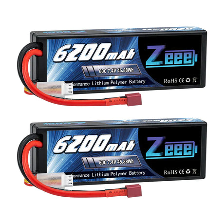 Zeee 2S Lipo Akku 6200mAh 7,4V 60C Hartschalenkoffer mit Deans T-Anschluss für RC Fahrzeuge Auto LKW Truggy Boot Racing Hobby (2 Stück) - LiPo24.de