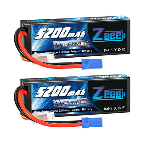 Zeee 2S Lipo Akku 5200mAh 7,4V 80C Hartschalenkoffer mit EC5-Stecker Kompatibel mit 1/8 1/10 RC Car (2 Pack) - LiPo24.de