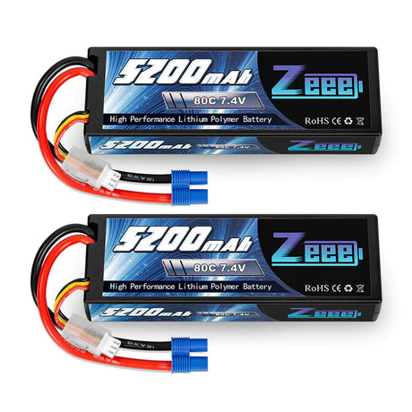 Zeee 2S Lipo Akku 5200mAh 7.4V 80C Hard Case mit EC3 Stecker für 1/8 1/10 RC Fahrzeuge Auto (2 Pack) - LiPo24.de