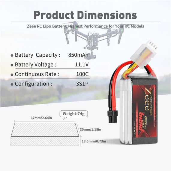 Zeee Premium Series 3S Lipo Akku 850mAh 11.1V 100C Soft Case mit XT30 Stecker für RC Car RC Modelle (2 St.) - LiPo24.de