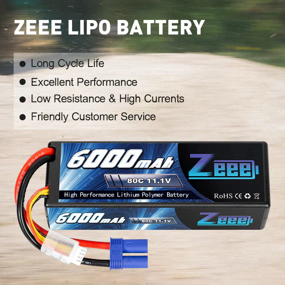 Zeee 3S Lipo Akku 6000 mAh 11,1 V 80 C Hartschalen Case mit EC5-Anschluss für RC-Autos im Maßstab 1/8 1/10 (2 Stück) - LiPo24.de