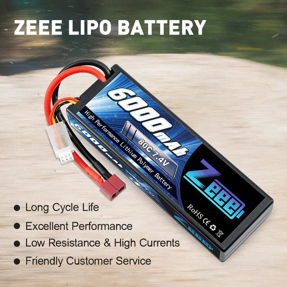 Zeee 2S Lipo Akku 6000 mAh 7,4 V 80 C Hartschalenkoffer mit Deans-Anschluss für RC-Autos im Maßstab 1:8 (2 Stück) - LiPo24.de