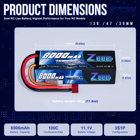 Zeee 3S Lipo Akku 8000mAh 11.1V 100C mit Deans T Plug Hard Case Akku - LiPo24.de