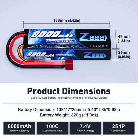 Zeee 2S Lipo Akku 8000mAh 7,4V 100C Hartcase Dean - LiPo24.de