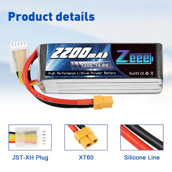 Zeee 4S Lipo Akku 2200mAh 14,8V 120C mit XT60 Stecker RC Graphen Akku für RC Modelle Flugzeug RC Auto (2 Stück) - LiPo24.de