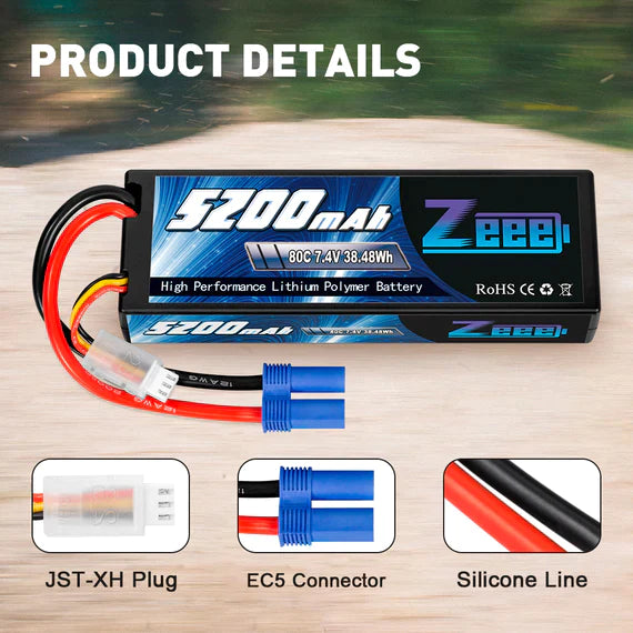 Zeee 2S Lipo Akku 5200mAh 7,4V 80C Hartschalenkoffer mit EC5-Stecker Kompatibel mit 1/8 1/10 RC Car (2 Pack) - LiPo24.de