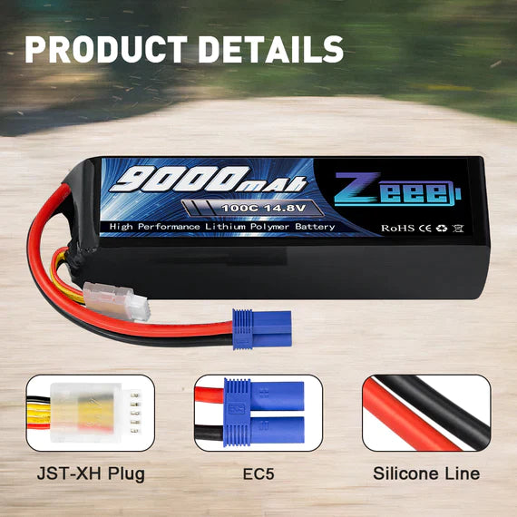 Zeee 4S Lipo Akku 9000mAh 14.8V 100C Soft Case EC5 Stecker mit Metallplatten für RC Car Truck Tank Racing Modelle (2 Pack) - LiPo24.de