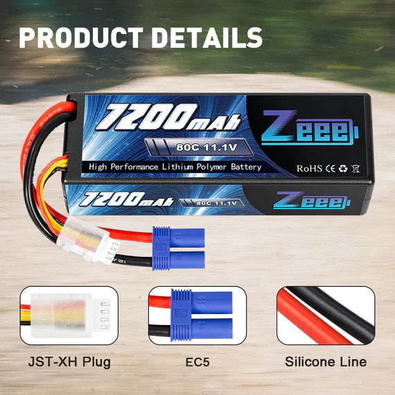 Zeee 3S Lipo Akku 7200mAh 11,1V 80C mit EC5-Anschluss Hartschalenkoffer für RC-Car-RC-Modelle (2 Packungen) - LiPo24.de