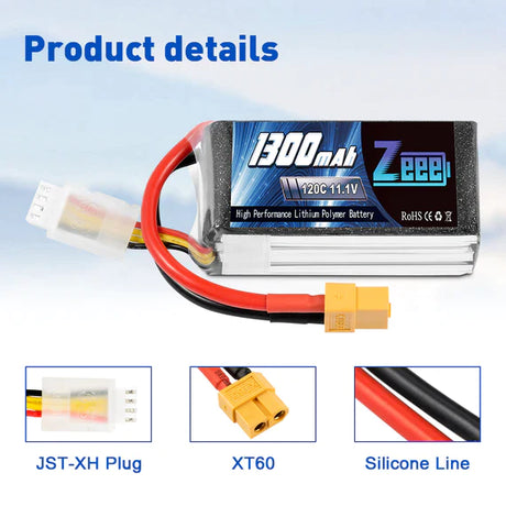 Zeee 3S Lipo Akku 1300mAh 11,1V 120C Graphen Akku mit XT60 Stecker für FPV RC Car RC Modelle (2 Pack) - LiPo24.de