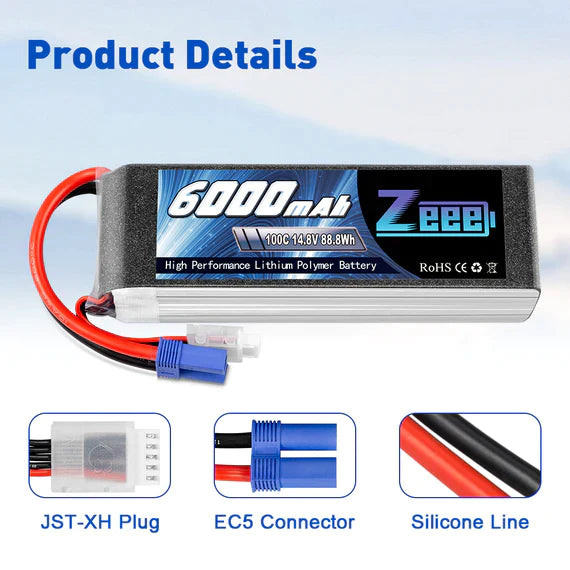 Zeee 4S Lipo Akku 6000mAh 14,8V 100C mit EC5 Stecker Soft Case für Flugzeug RC Car RC Modelle (2 Pack) - LiPo24.de