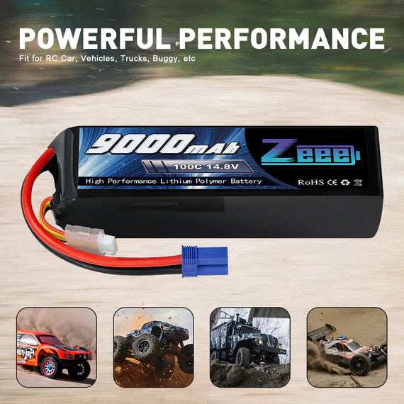 Zeee 4S Lipo Akku 9000mAh 14.8V 100C Soft Case EC5 Stecker mit Metallplatten für RC Car Truck Tank Racing Modelle (2 Pack) - LiPo24.de