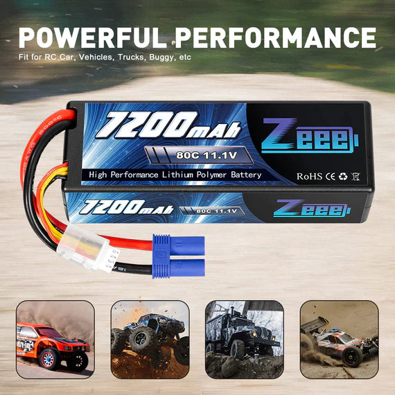 Zeee 3S Lipo Akku 7200mAh 11,1V 80C mit EC5-Anschluss Hartschalenkoffer für RC-Car-RC-Modelle (2 Packungen) - LiPo24.de