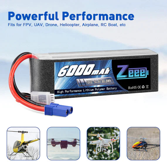 Zeee 4S Lipo Akku 6000mAh 14,8V 100C mit EC5 Stecker Soft Case für Flugzeug RC Car RC Modelle (2 Pack) - LiPo24.de