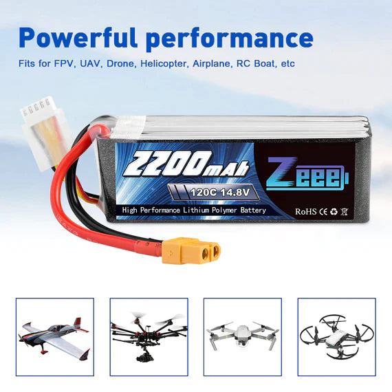 Zeee 4S Lipo Akku 2200mAh 14,8V 120C mit XT60 Stecker RC Graphen Akku für RC Modelle Flugzeug RC Auto (2 Stück) - LiPo24.de