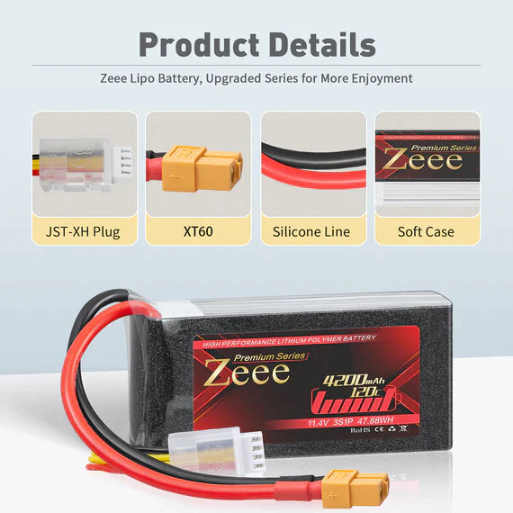 Zeee Premium Series 3S Lipo Akku 4200mAh 11.4V 120C Soft Case mit XT60 Stecker für Rock Crawler Flugzeug Rennmodelle (2 St.) - LiPo24.de