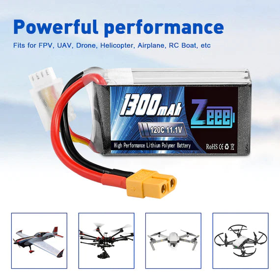 Zeee 3S Lipo Akku 1300mAh 11,1V 120C Graphen Akku mit XT60 Stecker für FPV RC Car RC Modelle (2 Pack) - LiPo24.de