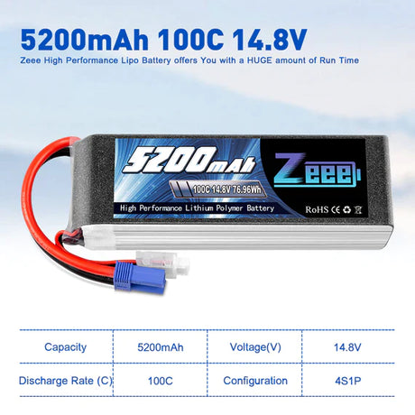 Zeee 4S Lipo Akku 14.8V 5200mAh 100C mit EC5 Stecker Soft Case für RC Flugzeug RC Auto (2 Stück) - LiPo24.de