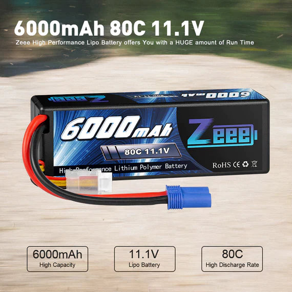 Zeee 3S Lipo Akku 6000 mAh 11,1 V 80 C Hartschalen Case mit EC5-Anschluss für RC-Autos im Maßstab 1/8 1/10 (2 Stück) - LiPo24.de