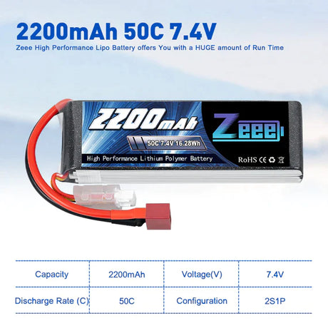 Zeee 2S Lipo Akku 2200mAh 7.4V 50C Soft Pack mit Deans Connector für RC Modelle (2er Pack) - LiPo24.de