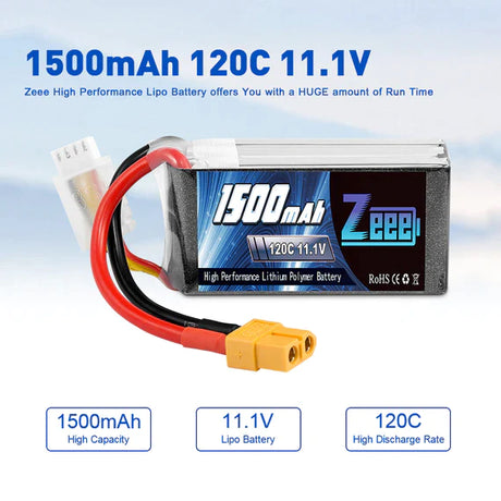 Zeee 3S Lipo Akku 1500mAh 11,1V 120C Graphen Akku mit XT60 Stecker für RC Car RC Modelle (2 Pack) - LiPo24.de