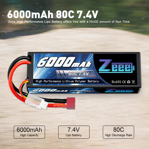 Zeee 2S Lipo Akku 6000 mAh 7,4 V 80 C Hartschalenkoffer mit Deans-Anschluss für RC-Autos im Maßstab 1:8 (2 Stück) - LiPo24.de