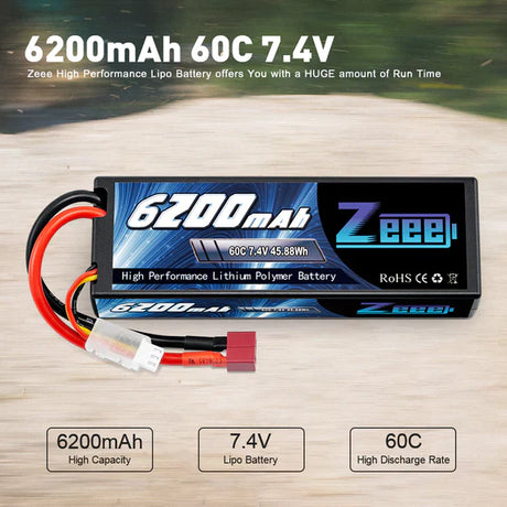 Zeee 2S Lipo Akku 6200mAh 7,4V 60C Hartschalenkoffer mit Deans T-Anschluss für RC Fahrzeuge Auto LKW Truggy Boot Racing Hobby (2 Stück) - LiPo24.de