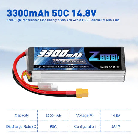 Zeee 4S Lipo Akku 3300mAh 14,8V 50C Soft Case mit XT60 Stecker für RC Flugzeug RC Auto (2 Packungen) - LiPo24.de