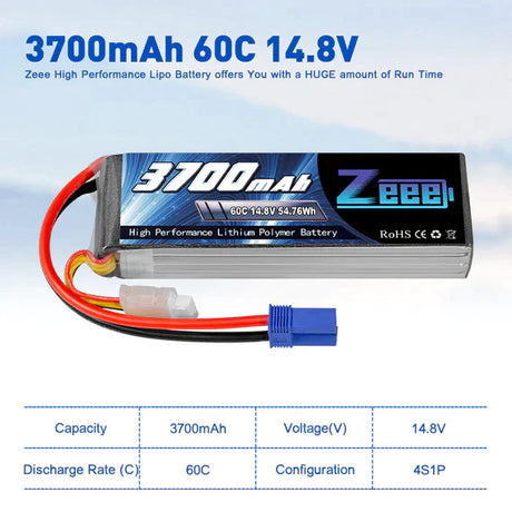 Zeee 4S Lipo Akku 3700mAh 14,8V 60C Soft Case mit EC5 Stecker für RC Flugzeug RC Modelle (2 Packungen) - LiPo24.de