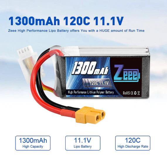 Zeee 3S Lipo Akku 1300mAh 11,1V 120C Graphen Akku mit XT60 Stecker für FPV RC Car RC Modelle (2 Pack) - LiPo24.de