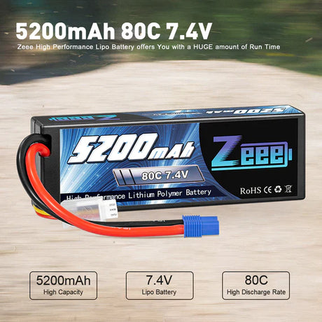 Zeee 2S Lipo Akku 5200mAh 7.4V 80C Hard Case mit EC3 Stecker für 1/8 1/10 RC Fahrzeuge Auto (2 Pack) - LiPo24.de