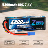 Zeee 2S Lipo Akku 5200mAh 7,4V 80C Hartschalenkoffer mit EC5-Stecker Kompatibel mit 1/8 1/10 RC Car (2 Pack) - LiPo24.de