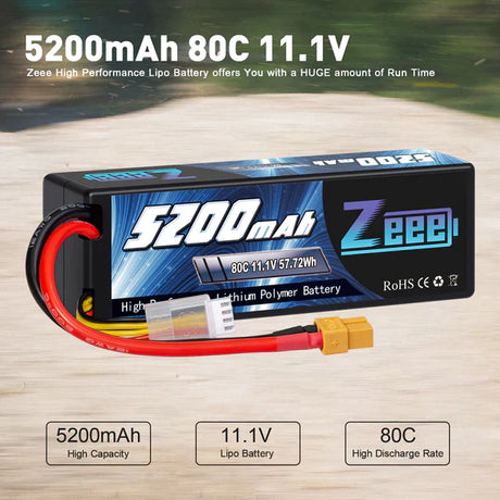 Zeee 3S Lipo Akku 5200mAh 11.1V 80C mit XT60 Stecker Hard Case Akku für RC Car RC Modelle (2 Pack) - LiPo24.de