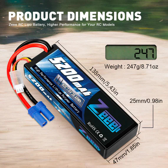 Zeee 2S Lipo Akku 5200mAh 7,4V 80C Hartschalenkoffer mit EC5-Stecker Kompatibel mit 1/8 1/10 RC Car (2 Pack) - LiPo24.de