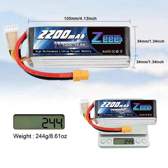 Zeee 4S Lipo Akku 2200mAh 14,8V 120C mit XT60 Stecker RC Graphen Akku für RC Modelle Flugzeug RC Auto (2 Stück) - LiPo24.de