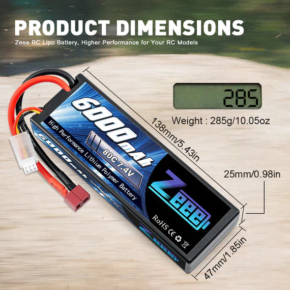 Zeee 2S Lipo Akku 6000 mAh 7,4 V 80 C Hartschalenkoffer mit Deans-Anschluss für RC-Autos im Maßstab 1:8 (2 Stück) - LiPo24.de