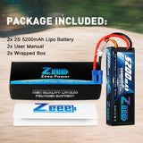 Zeee 2S Lipo Akku 5200mAh 7,4V 80C Hartschalenkoffer mit EC5-Stecker Kompatibel mit 1/8 1/10 RC Car (2 Pack) - LiPo24.de