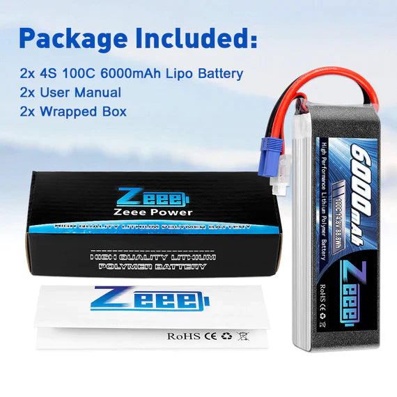 Zeee 4S Lipo Akku 6000mAh 14,8V 100C mit EC5 Stecker Soft Case für Flugzeug RC Car RC Modelle (2 Pack) - LiPo24.de